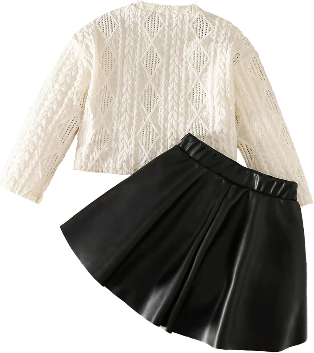 Verdusa Girl's 2 Piece Outfits Cute Bow Long Sleeve Sweater and PU Leather Pleated Mini Skirt Set Birthday Outfit