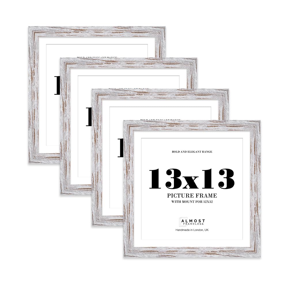 13x13" Distressed Wood Square Frame With Mount for 12x12" Pictures 28mm Edge Frame Display with Wall Hooks, 4 Pack