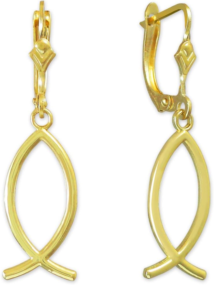 14k Yellow Ichthus Christian Fish Earrings