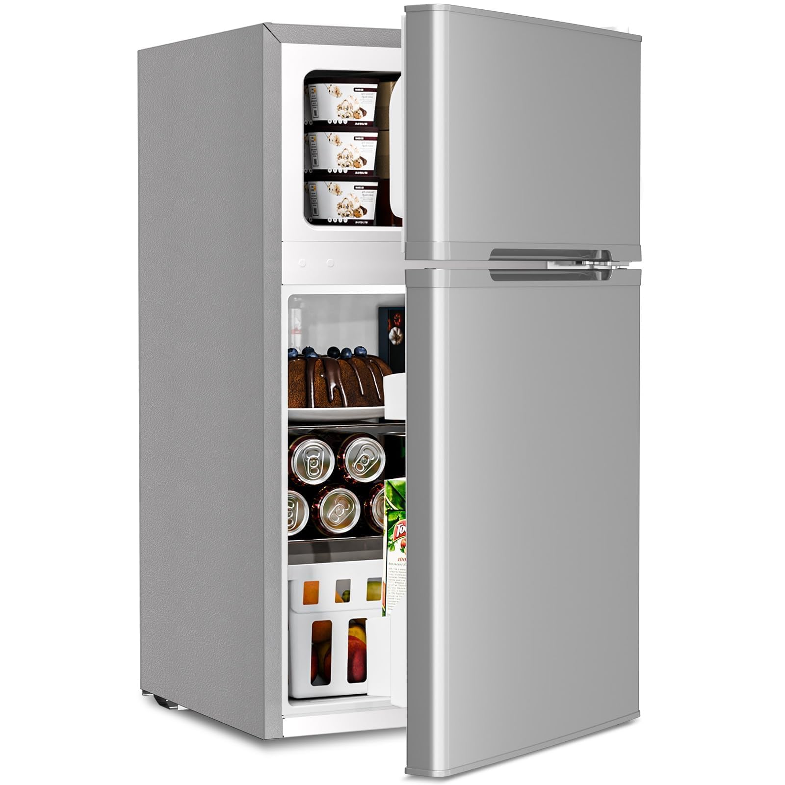 Kismile Mini Fridge with Freezer, 3.2 Cu.Ft 2 Door Refrigerator, Grey