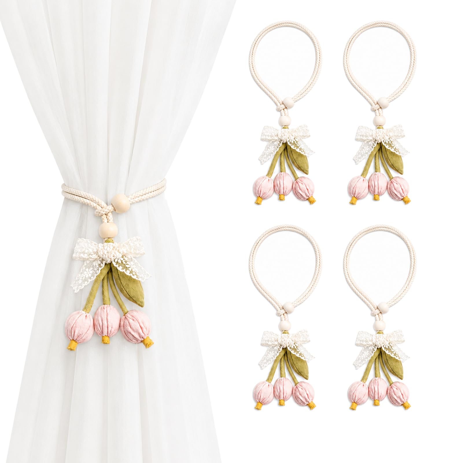 4 PCs Pink Floral Curtain Tiebacks Hand Knitting Adjustable Wooden Beads