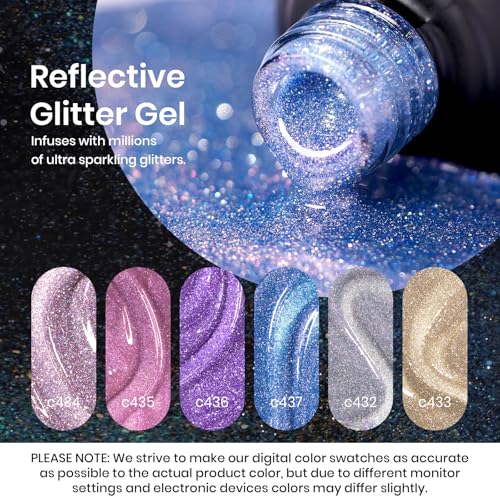 Image of Beetles Reflective Glitter Gel Nail Polish Kit Gel Polish 6 Colors Holographic Sparkle Flash Dimond Sliver Gold Soak Off UV LED Manicure Gift for Women Girls Midnight Sparkling
