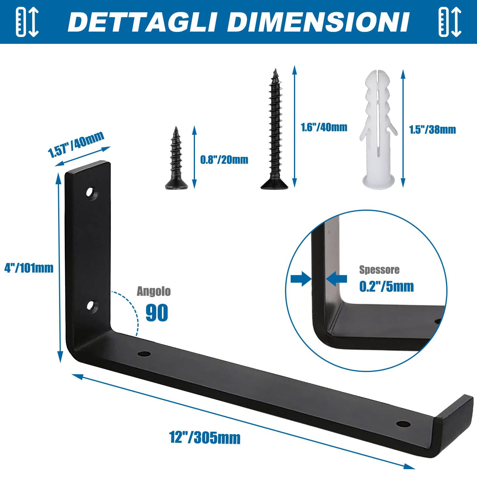 Staffe per Mensole Pesanti 8 Pezzi - Reggimensola Angolari in Acciaio da 5mm con Bordi di Sicurezza, Kit Reggi Mensole da Muro Stile Industriale Rustico Nero per Scaffali, 30cm