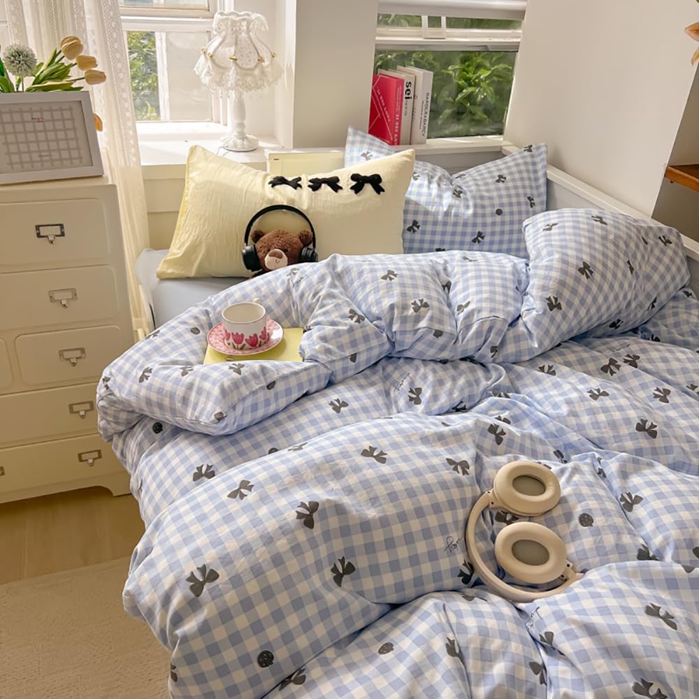 Covebett Bettwäsche 135x200 Kariert Blau mit Schwarz Schleifen Mädchen Bettbezug 2teilig Aesthetic Blau Weiß Karo Weich Microfaser Einzelbett Deckenbezug mit Reißverschluss und Kissenbezug 80x80cm