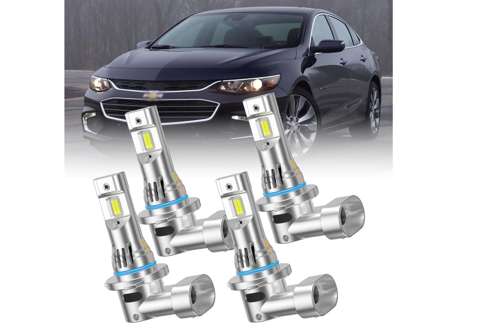LED Headlight Bulbs, 55W with Built-in Fan, 6500K White, 9005 High and 9005 Low Beam for Chevrolet Malibu 2016-2018, 4-Pack