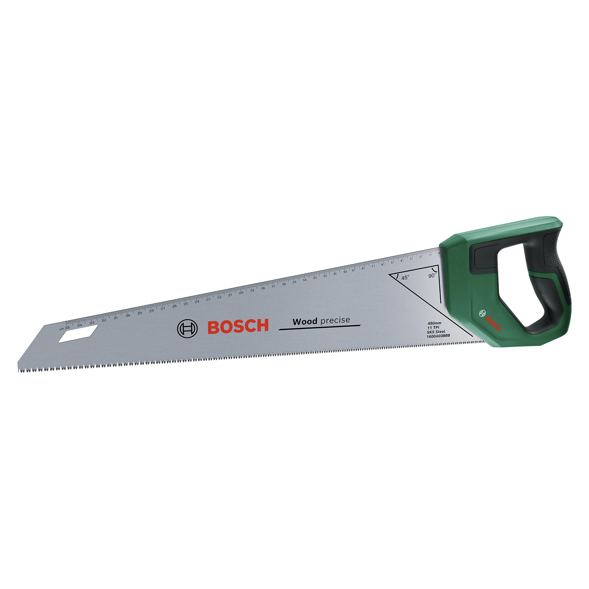Bosch Green Handsaw 450 Mm (Sk5 Steel Saw Blade For Fine Cuts In Wood; 11 Tpi; Induction-Hardened Teeth; 45°/90° Marking Guide; 40 Cm Metric Scale; Ergonomic Softgrip)