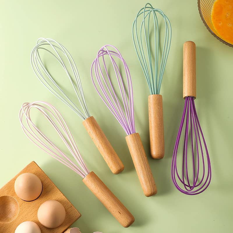 Ousyaah Silicone Whisk (4-Pack), Wooden Handle Manual Kitchen Whisks for Cooking, Classic Balloon Egg Beater Whisks, Suitable for Blending, Whisking, Beating, Frothing and Stirring (Green)