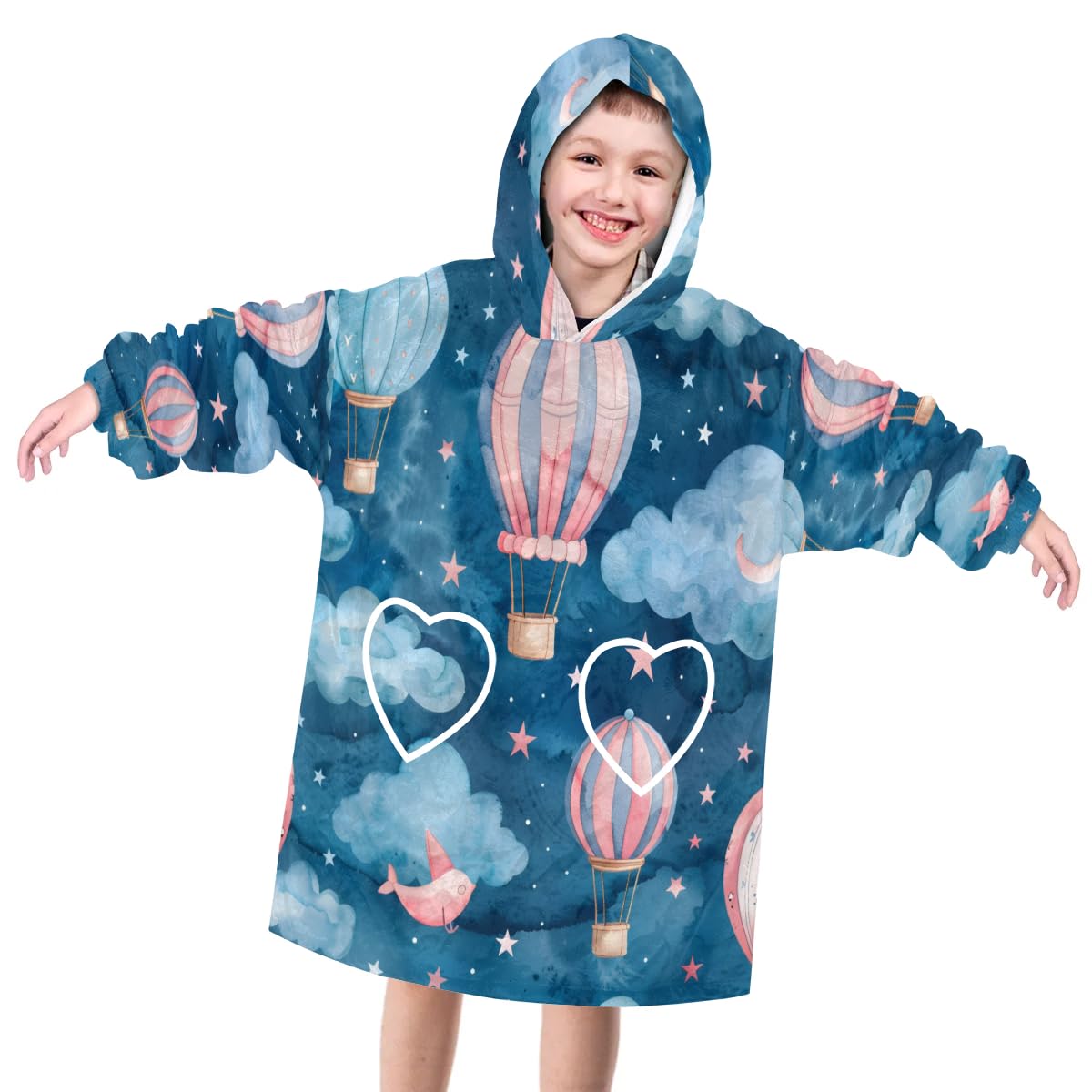 Wearable Blanket Hoodie for Kids, Starry Hot Air Balloon Fleece Sweatshirt Blanket Oversized Blanket Sweatshirt with Pocket Flannel Warm Hooded Blanket 6-10 Year Old Girl Boy Gift, One Size