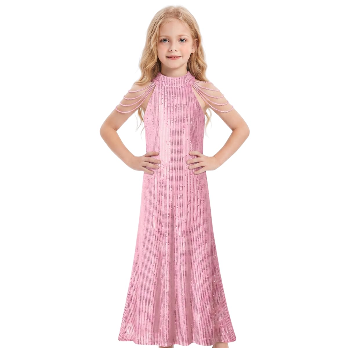 WELAKEN Paillettenkleid für Mädchen, glitzernd, Neckholder, ärmellos, lässig, Party, Hochzeit, Wirbelkleid
