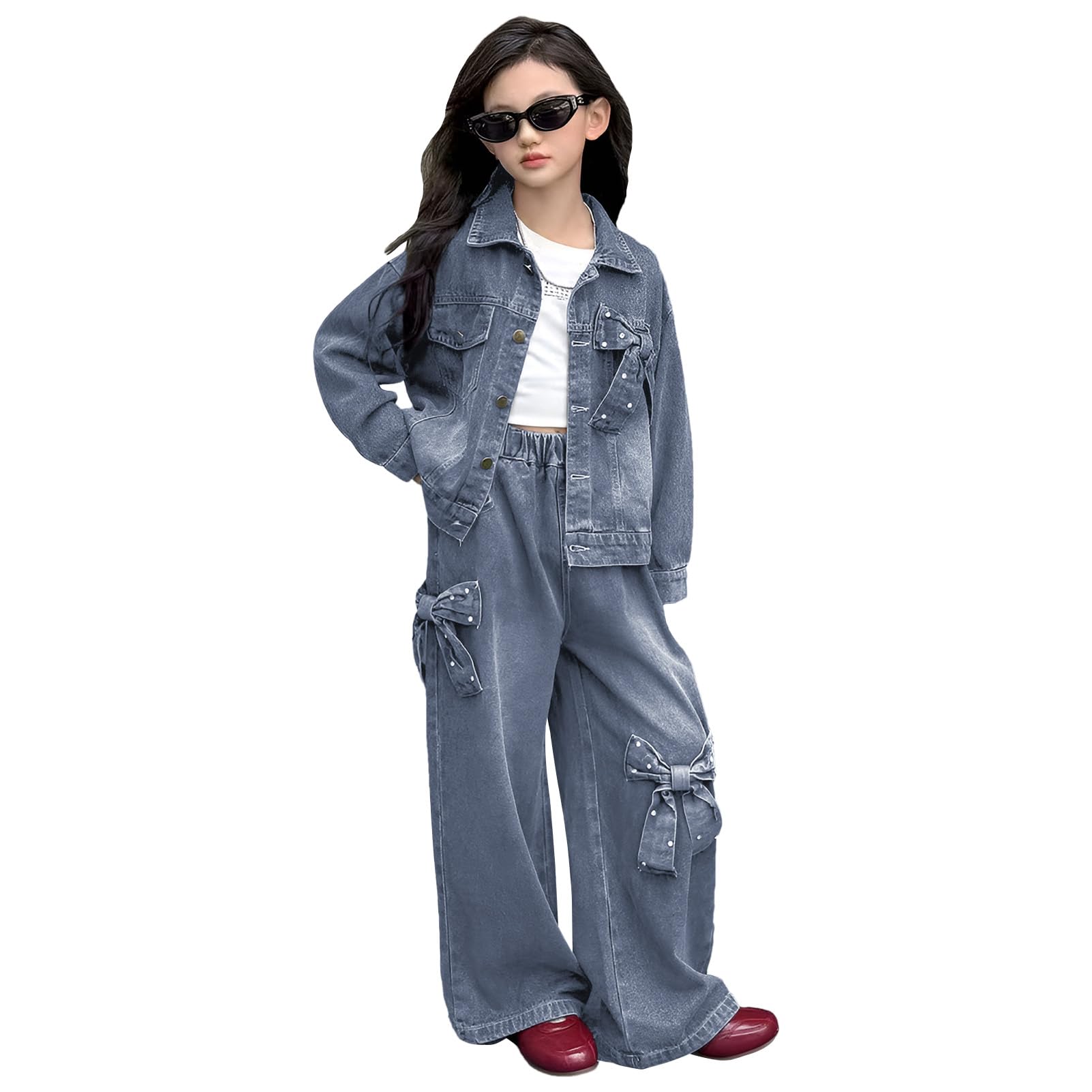 amropi 2 Pezzi Completo di Jeans Bambina Ragazze Giacca in Denim con Fiocco 3D e Pantaloni a Gamba Larga Set per 3-12 Anni