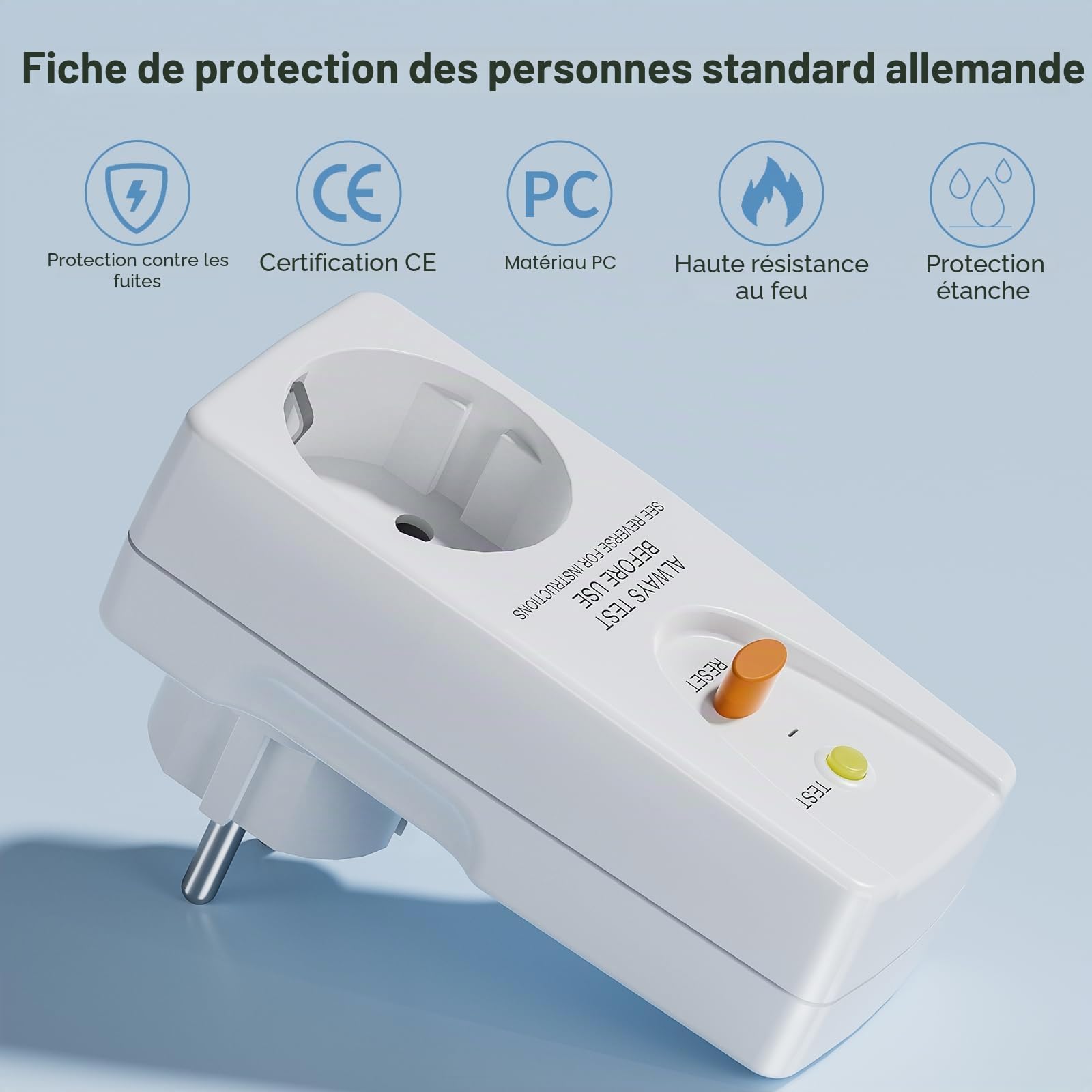 Prise de disjoncteur Fi - Anti-fuites et chocs électriques - Contact de protection 10 mA - 230 V - 16 A - Convient pour appareils ménagers et outils