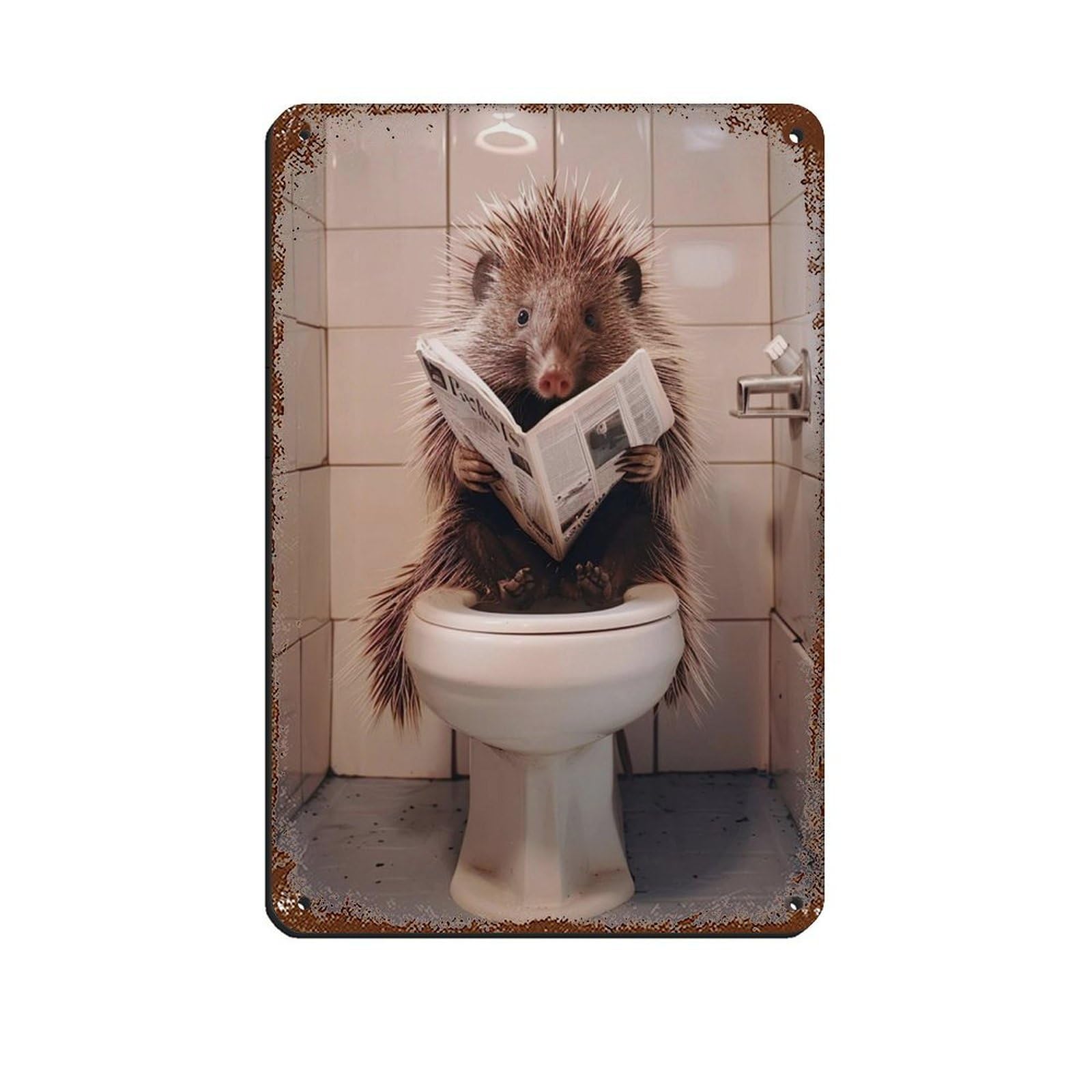Porcupine Sitting on The Toilet Reading A Newspaper (8) Retro Poster Metal Tin Sign Chic Art Retro Iron Painting Bar People Cave Cafe Family Garage Poster Wall Decoration 8x12inch(20x30cm)
