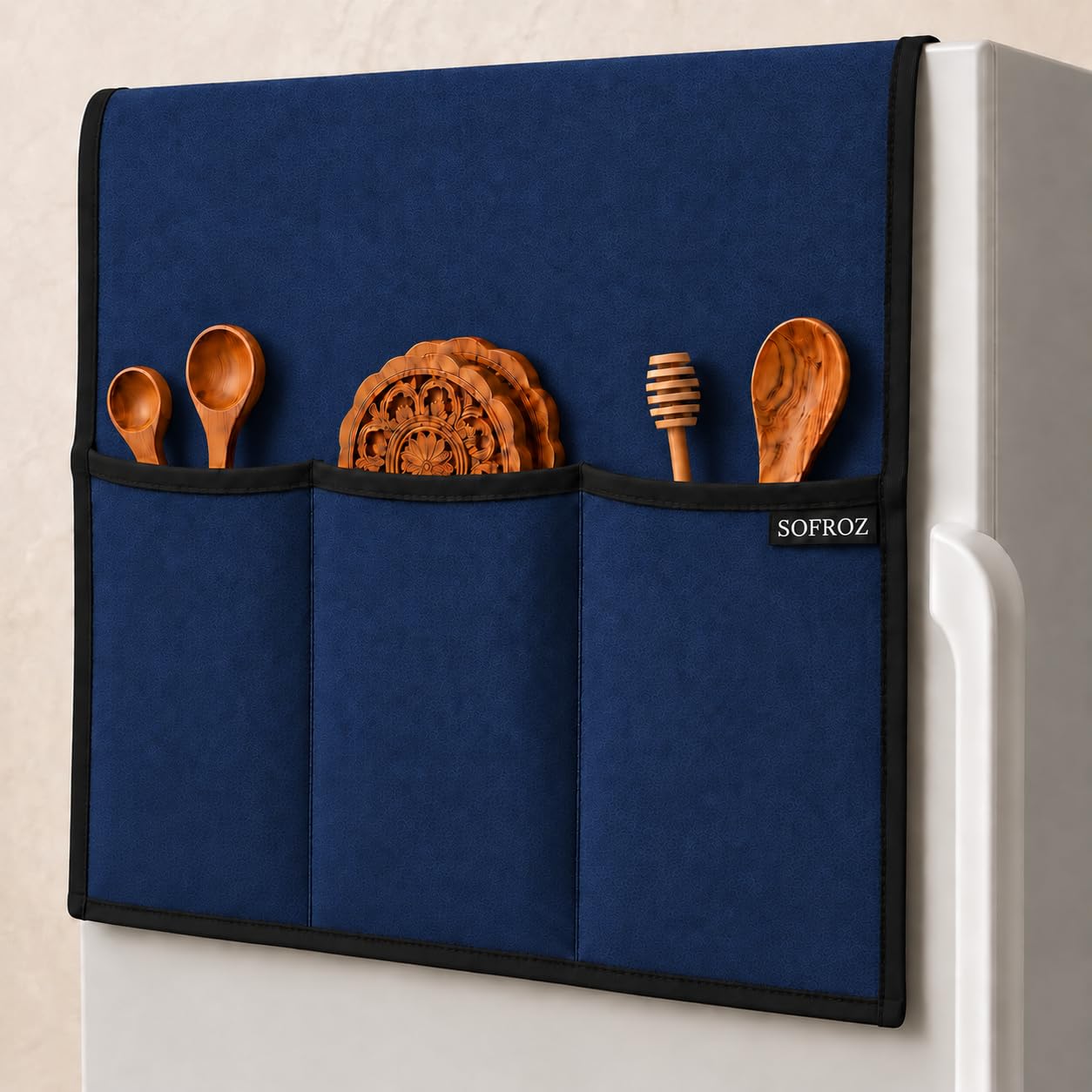 SOFROZ Refrigerator Single Door Waterproof, Dustproof, Protective Cover for Fridges with Extra Storage Space Nylon Top Cover with 6 Storage Pockets (130 x 54 cm) (Navy Blue)