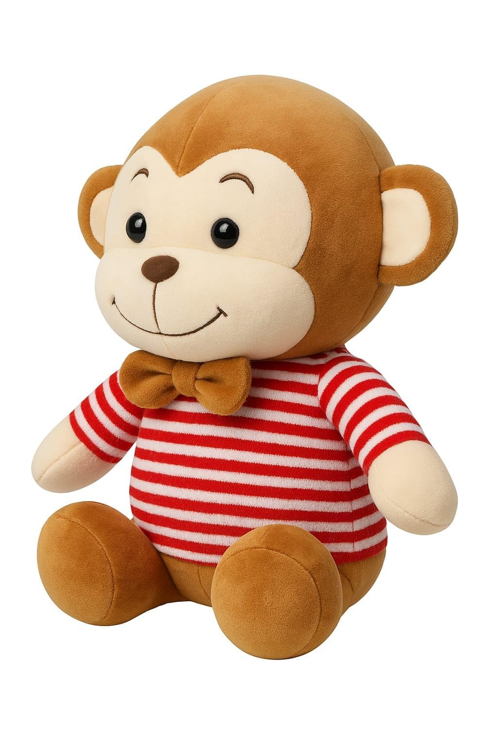 cute monkey plush stuffed animal doll with red striped shirt and bow, soft huggable washable toy, gift for kids boys & girls