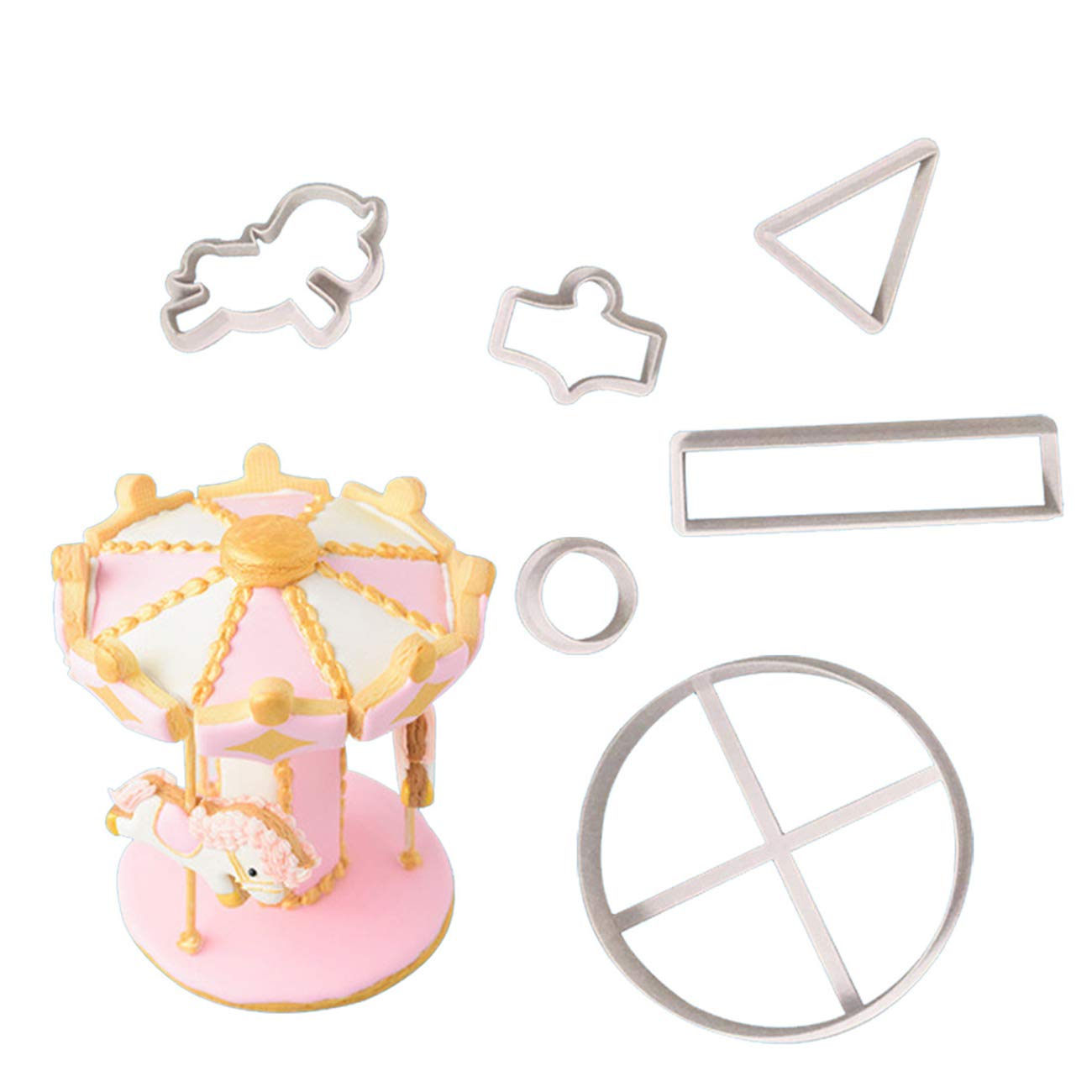 G.g.w Jp-Szfh-Bgym0347 6Pcs Carousel Merry-Go-Round Plastic Cup Cake Fondant Sugarcraft Cookie Cutters Cake Decorating Plunger Cutters Icing Modelling Tool