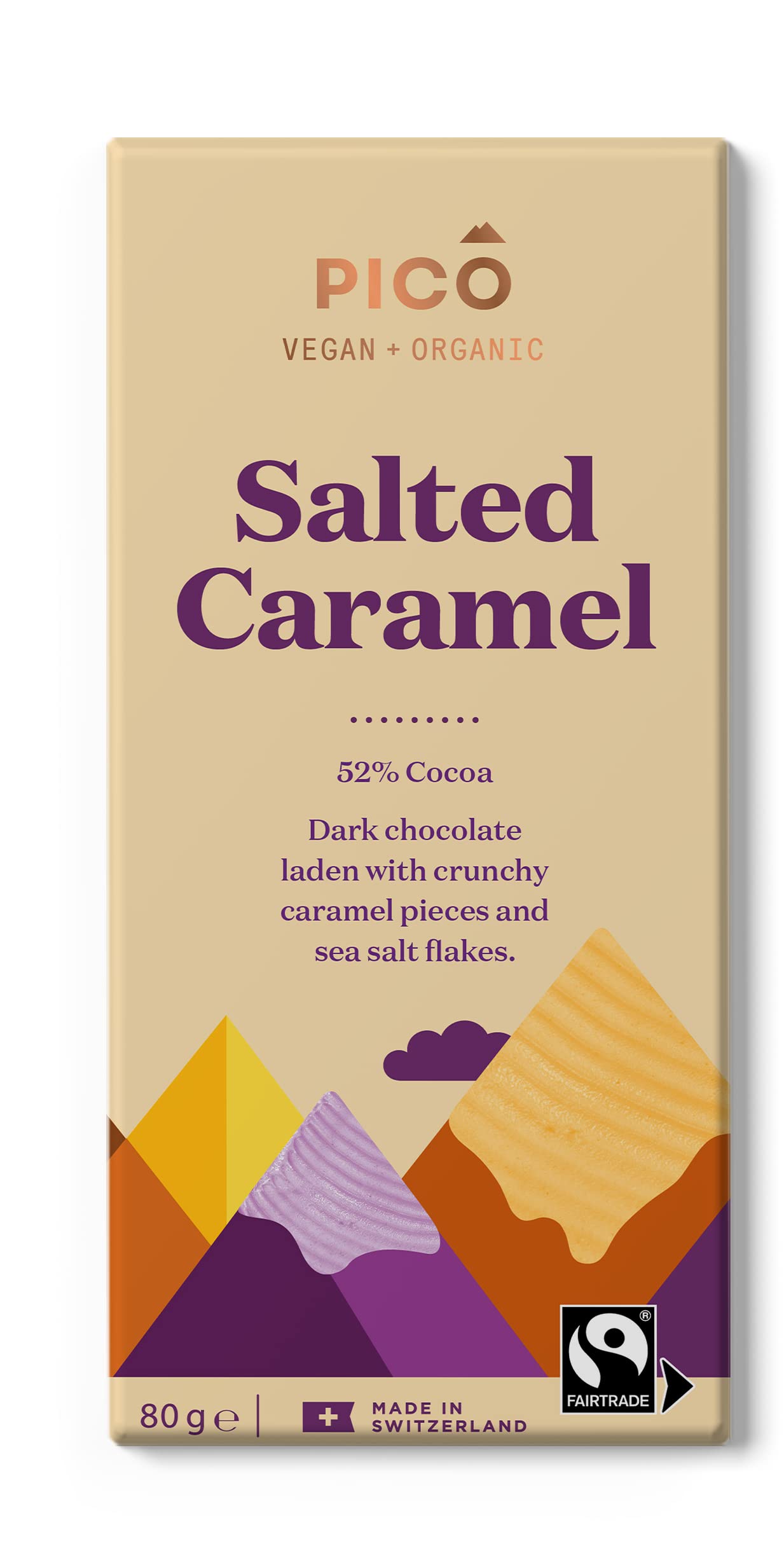 Pico - Salted Caramel Chocolate Vegan Bars- 45% Cocoa Organic with Sea Salt Flakes & Crunchy Caramel Pieces, Swiss Dark Chocolate - 1 x 80g