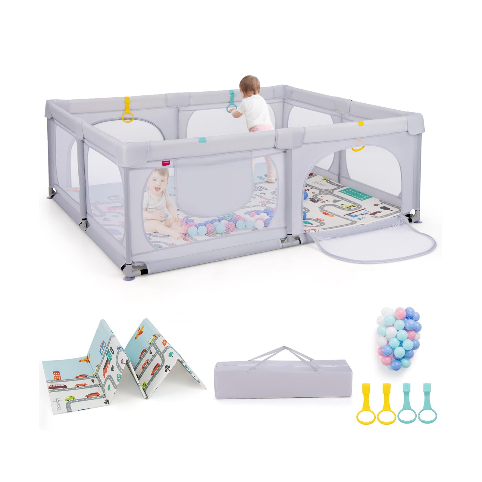 RELAX4LIFE Recinto Bambini 189 x 158 cm con Base a Ventosa, Materassino Pieghevole, Box Giochi, 4 Anelli e 50 Palline, 2 Entrate Laterali, Tasca Portaoggetti e Borsa Trasporto, Rete Traspirante