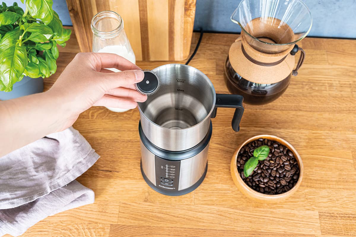 Cloer 7789 Mousseur à lait à induction XL800, mousse de lait 600 ml, chocolat chaud 500 ml, récipient 800 ml, commande électronique, 500 W, bobine de mousse magnétique, verseuse en acier inoxydable