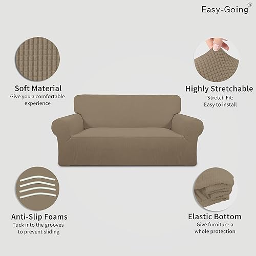 Vista 739 de Easy-Going - Funda elástica para sofá biplaza, 1 pieza, suave, con parte inferior elástica, protector para niños, tela jacquard de elastano y Gris