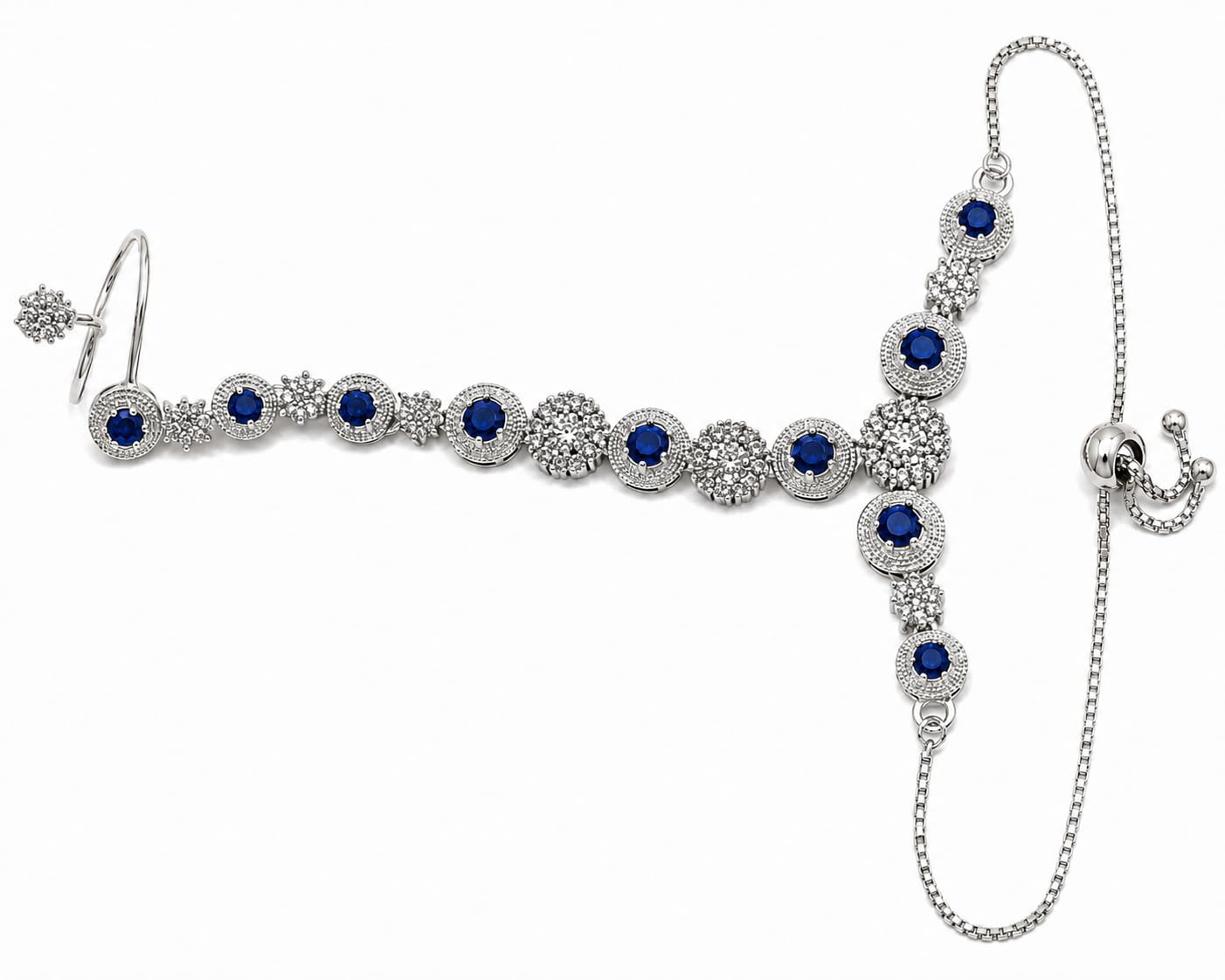 Royal Blue Cubic Zirconia CZ AD Hathphool Rhodium-Plated Hand Harness Bracelet Ring-image-26
