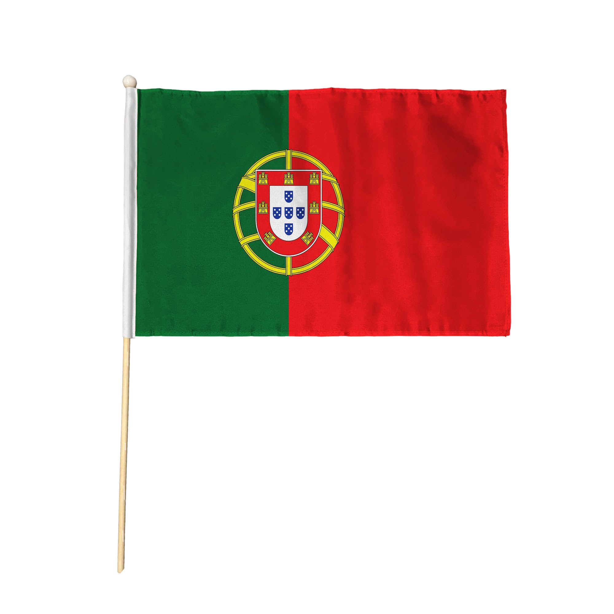 Flagtex Portugal Pack of 12 Hand Waving Flag (18x12 Inch Large) - Premium Wooden Stick Hand Flag Big Size Natural Wood Pole European Green Red Armillary Sphere Shield Flag Events