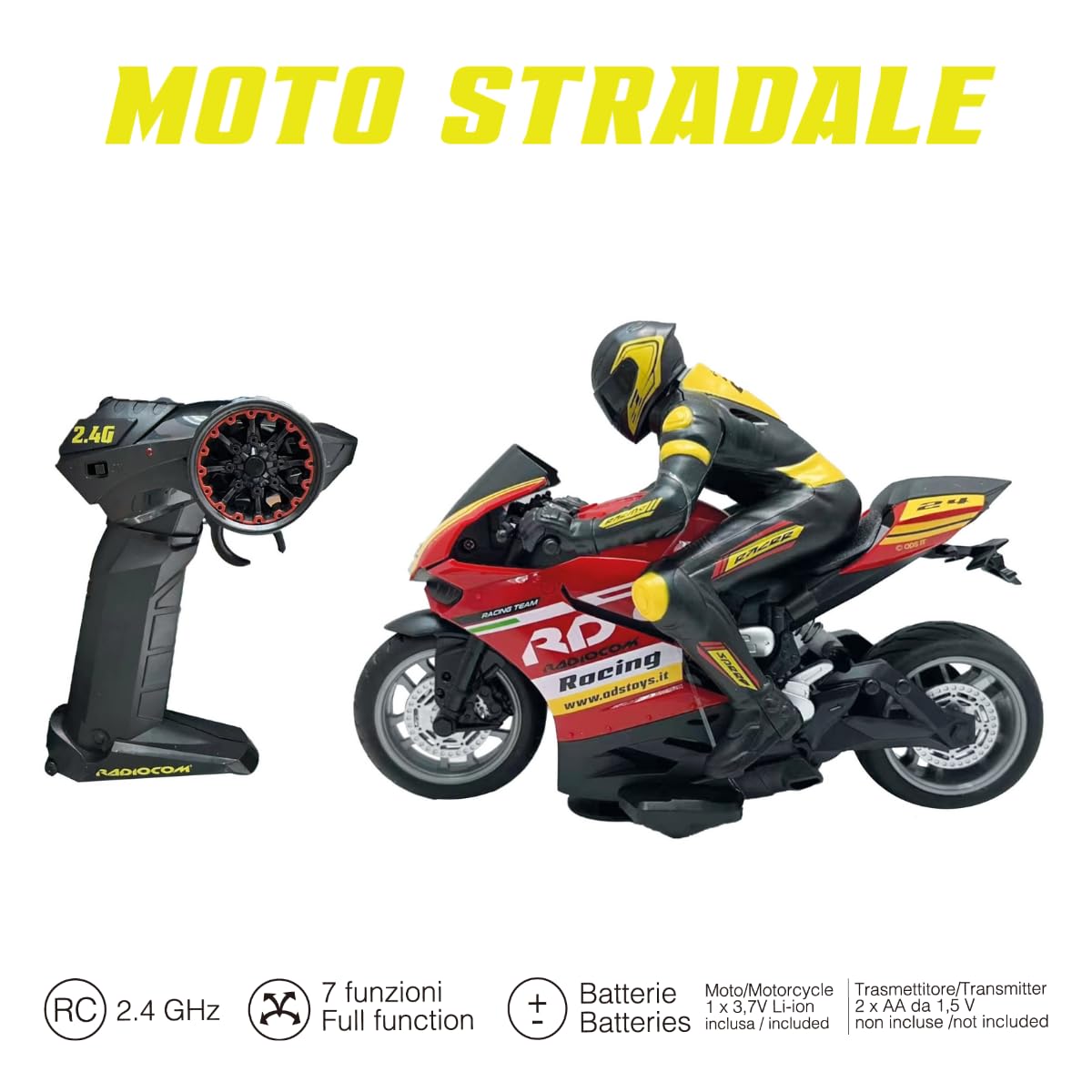 ODS - Radiocom Moto de Carretera, Moto teledirigida Juguete, Mando a Distancia 2.4 GHz, 7 Funciones, Escala 1:10, Edad +6 años