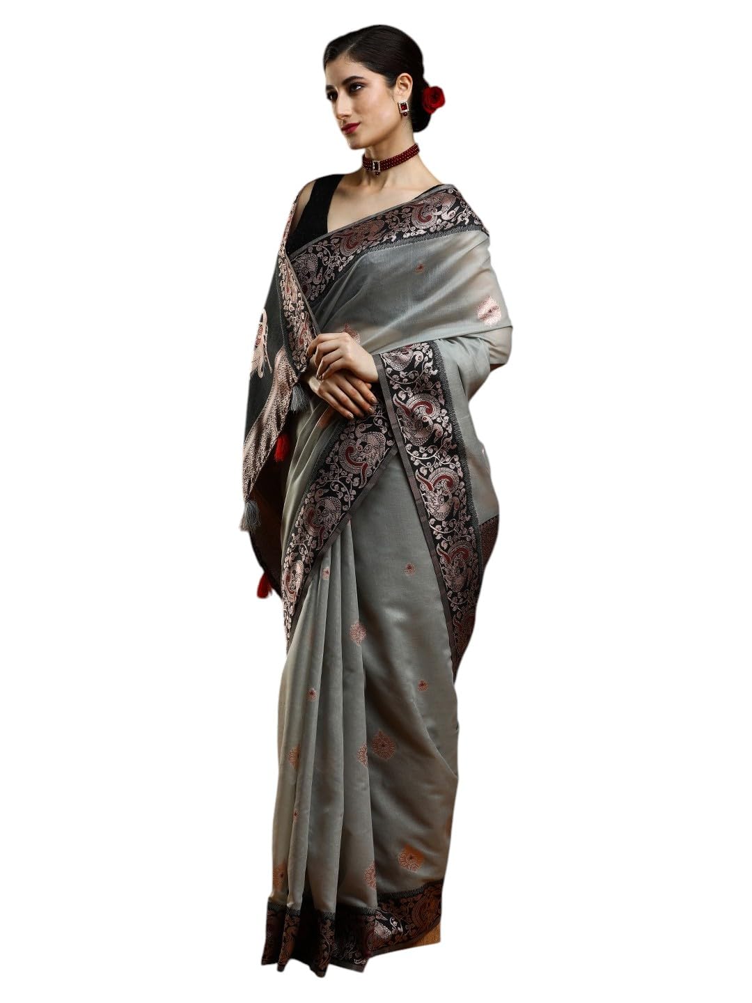 sarha Women's Premium Silk Saree with Unstiched Blouse | Zari Floral Motifs | Contemporary Ethnic Wear with Contrast Pallu-picture-15