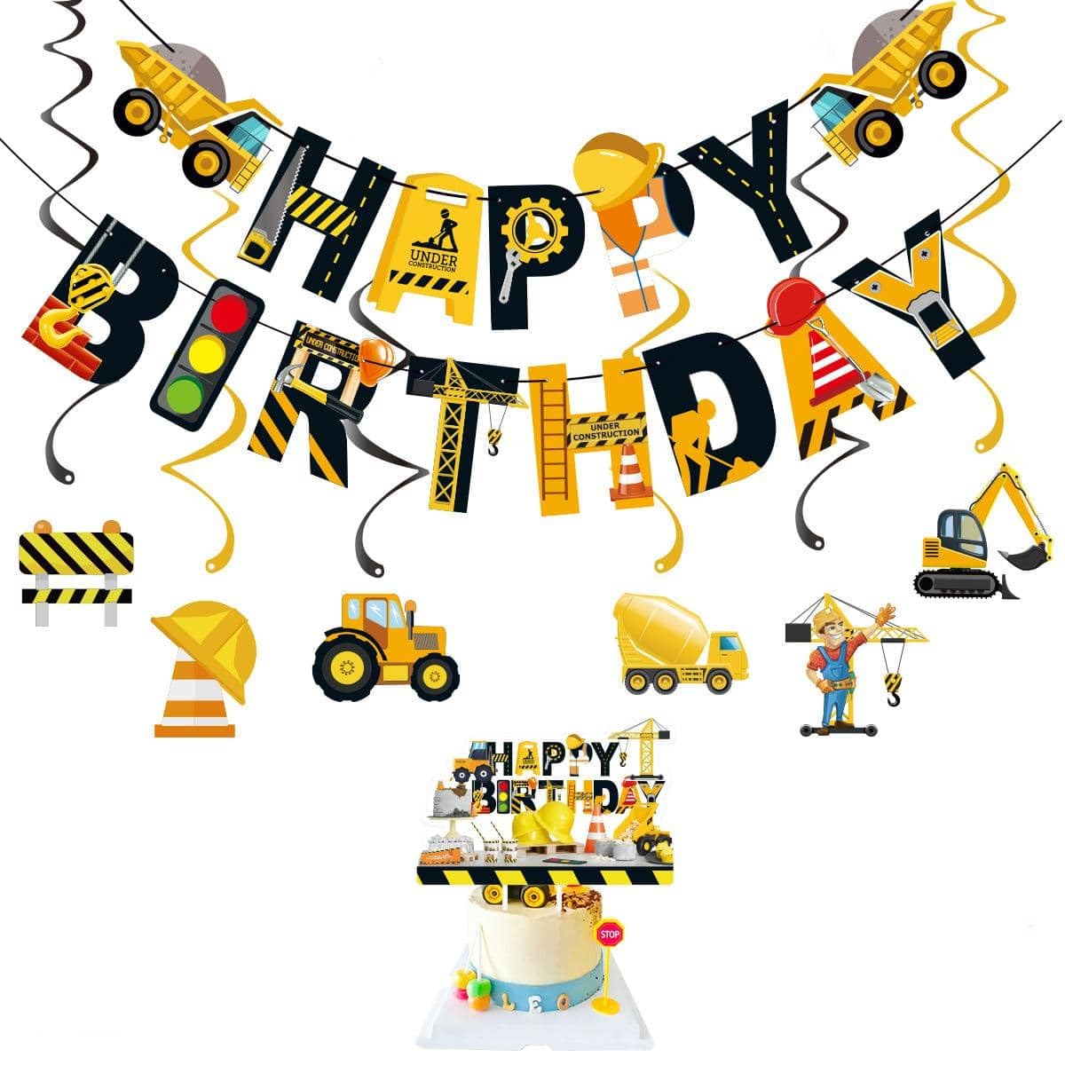 Samyosaien 8PCS Digger Birthday Decorations, Construction Birthday Decorations Set with Cake Topper, Heavy Duty Banner, Hanging Swirls for Themed Party Supplies