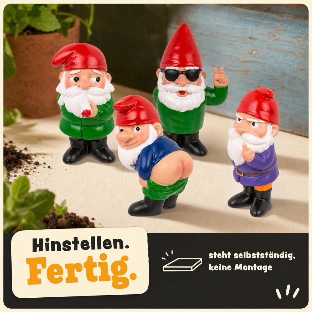 MIJOMA Zestaw bezczelnych krasnali ogrodowych – 4 mini krasnale z żywicy polimerowej ok. 4,5 x 7 cm – zabawne figurki dekoracyjne na biurko do roślin pokojowych, łazienki, na balkon, do biura
