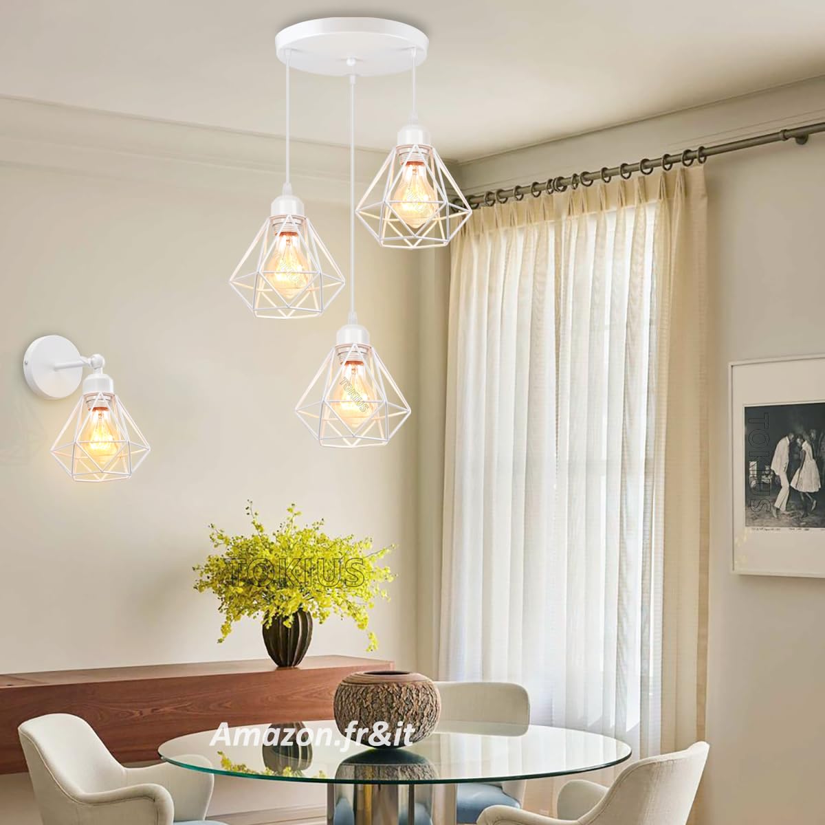 Lampadario a sospensione 3 Luci Vintage Plafoniera Industriel Lampadario vintage da soffitto E27 Design Gabbia ferro Bianco Ø160mm Per Soggiorno Cucina Camera da letto