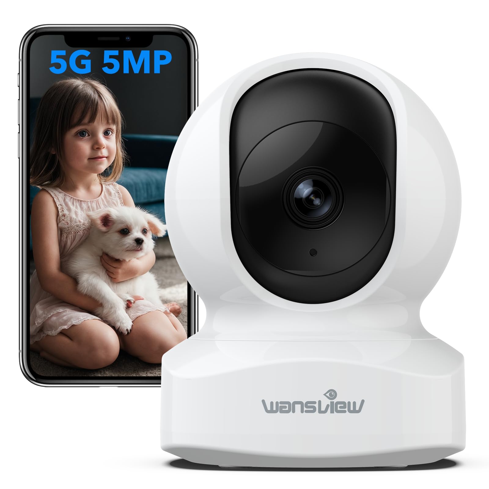 wansview 5MP UHD Pet Camera with Phone app, 5Ghz&amp;2.4Ghz Dual Wi-Fi Security Camera Indoor for Monitoring Home/Baby/Cat/Dog, 2 Way Audio, 24/7 TF Card Storage(TF Card Not Included), Q5 (White)