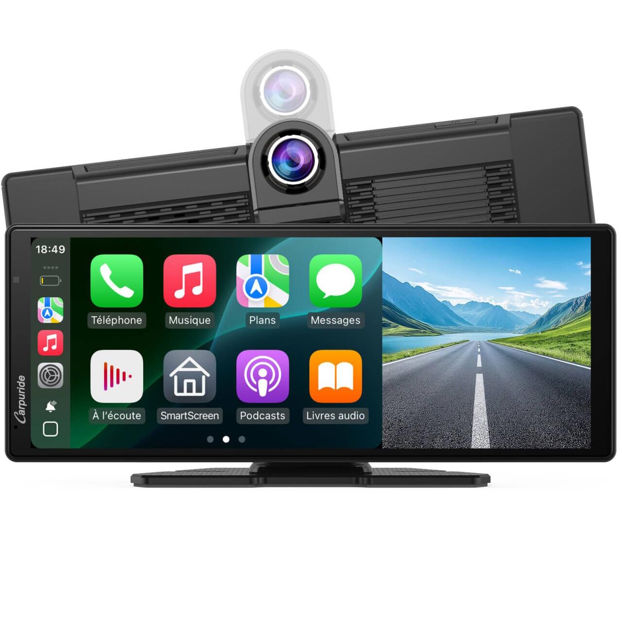 Carpuride W903 Carplay Portable Sans Fil et Android Auto Avec Caméra de Tableau de Bord 4K - Écran IPS HD 9,3", Enregistrement en Boucle, Bluetooth, Mirror Link, GPS, Siri, Montage sur Tableau de Bord