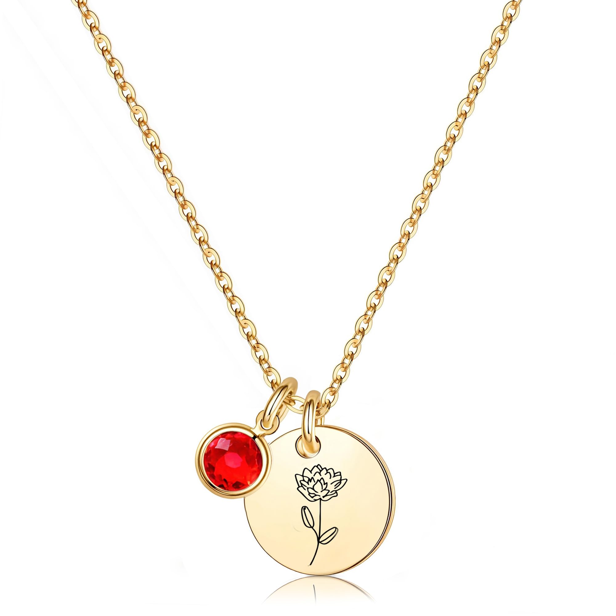 Birth Flower Necklaces for Women, 18K Gold Plated Dainty Birthstone Pendant Necklaces Handmade Birth Month Flower Jewelry Disc Coin Birthday Gifts for
