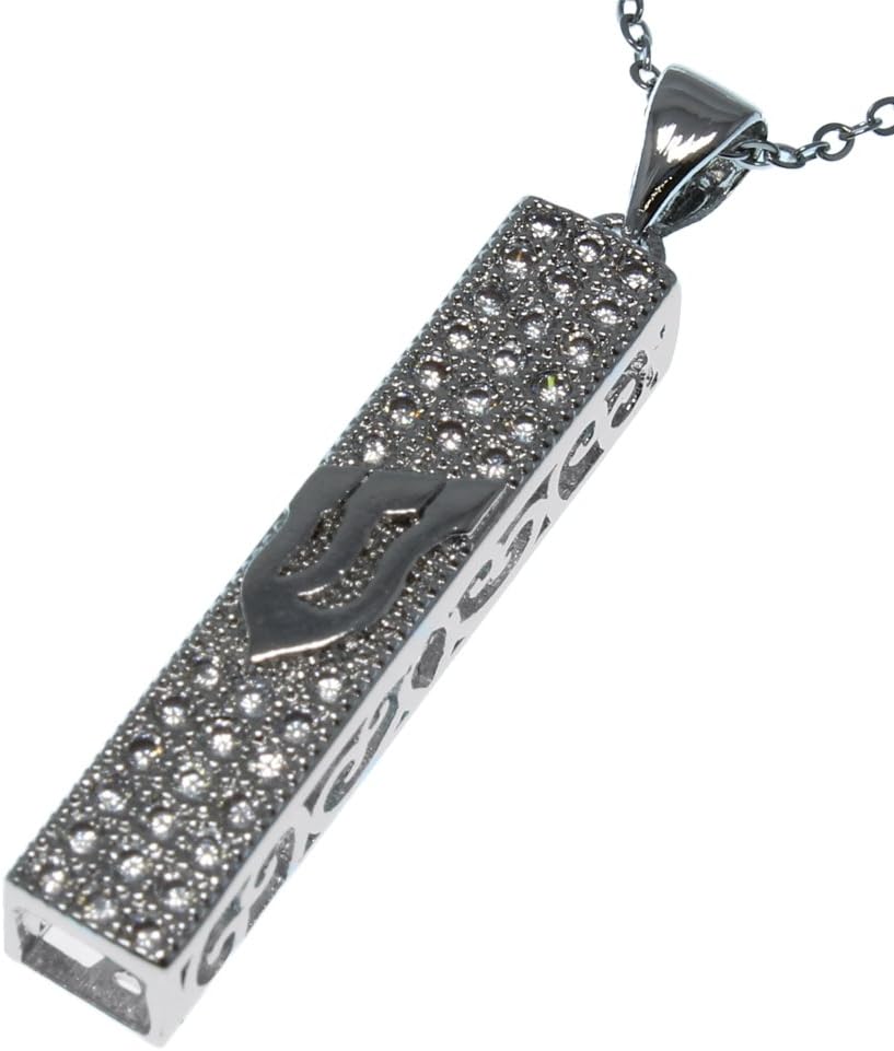 Square Silver Crystal Mezuzah Stainless Steel Necklace 18" Chain