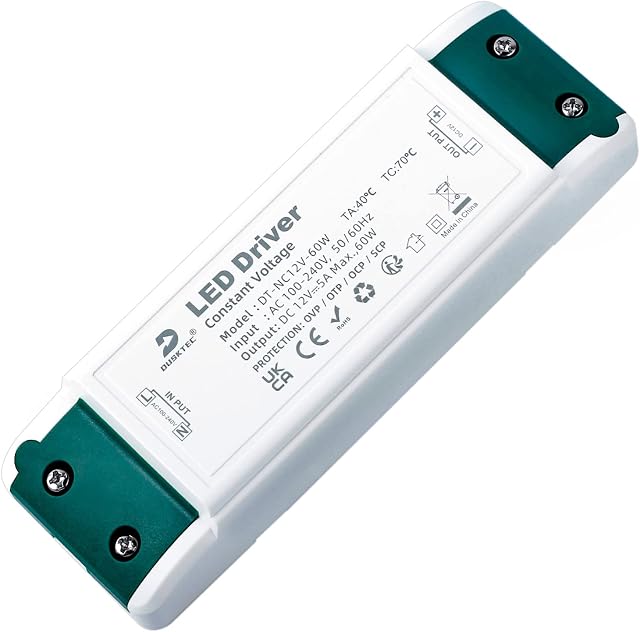DUSKTEC 12V LED Driver 60W LED Transformer, Mains AC 240V to DC 12V 5A Low Voltage LED Power Supply, Constant Voltage Adapter for 12 Volt Strip Lights Cabinet Light or G4 Bulbs MR16 Lamps