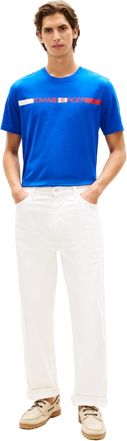 Tommy Hilfiger Men's Short Sleeve Cotton Graphic T-Shirts with Printed Stripe Logo Graphic