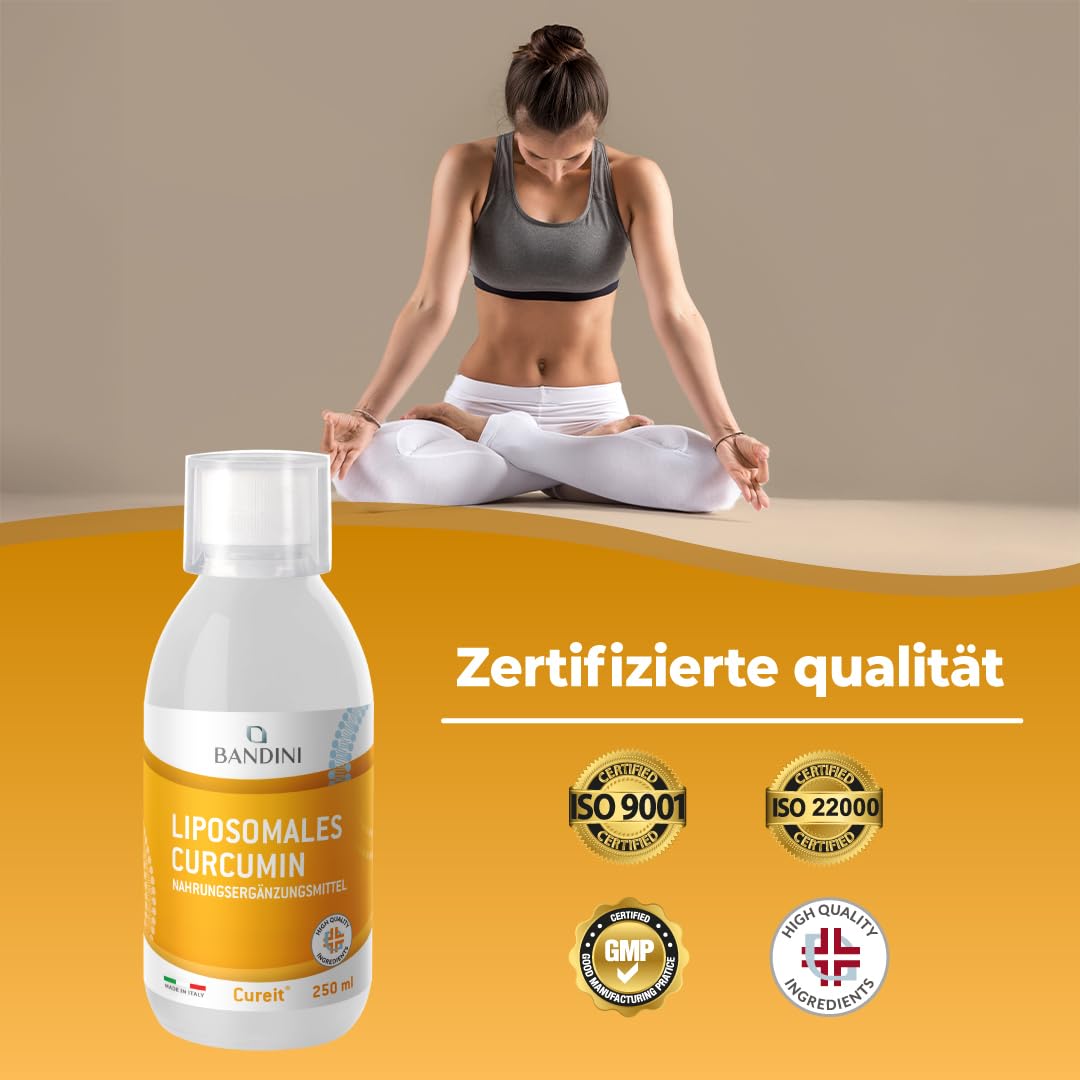 Bandini® Liposomales Curcumin Cureit® 250ml flüssig | Hochdosiert mit 200 mg Kurkumin pro Tagesdosis | Curcuma Extrakt mit Sonnenblumenlecithin | hohe Bioverfügbarkeit | 25 Portionen | Vegan, GMO-frei