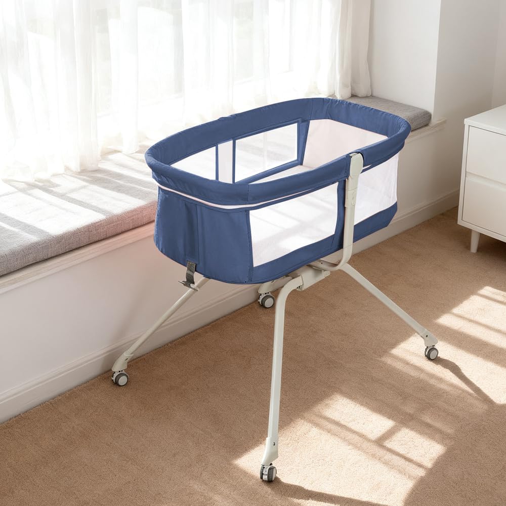 homewell 2 in 1 Babybett & Babywiege, Kinderreisebett, Stubenwagen Baby mit Moskitonetz, Reisebett für Babys, von 0 bis 9 kg, schnelle Montage (Marineblau)