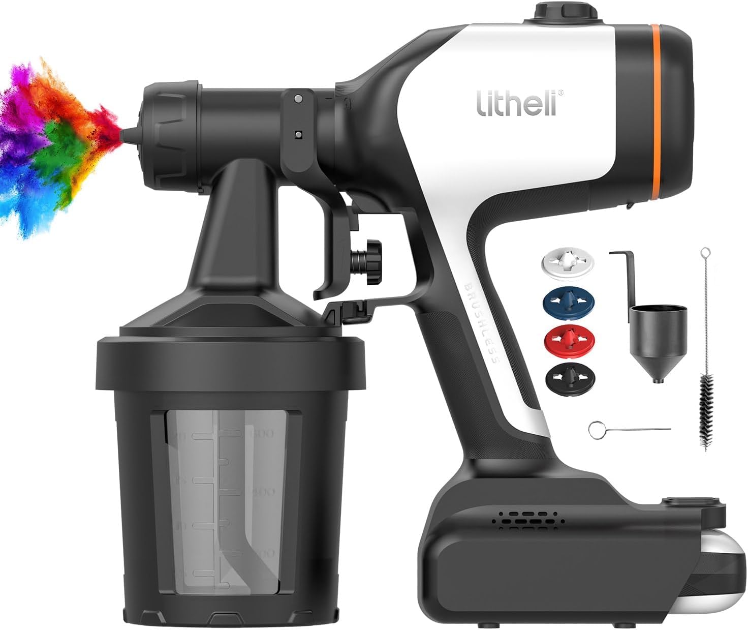 Litheli Cordless Paint Sprayer with 4.0Ah Battery, HVLP Electric Paint Sprayer Gun, 800W Brushless Motor, 2×800ml Containers, 4 Copper Nozzles for House, Furniture, Fence & DIY Projects