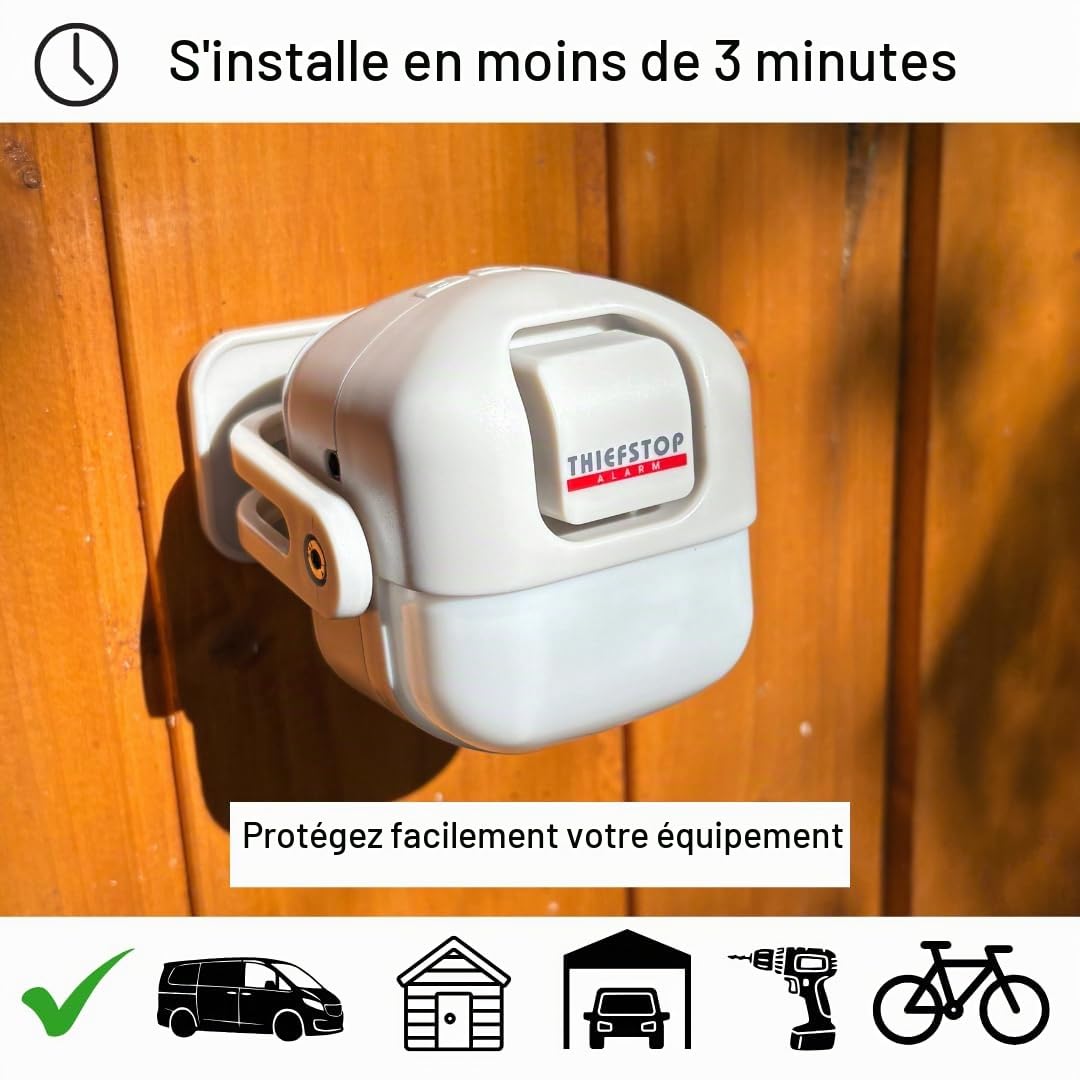 Alarme d'abri et détecteur de mouvement de sécurité domestique - Capteur PIR 120 dB - Alarme sans fil alimentée par batterie pour abri de jardin, garage, atelier, sécurité de camionnette