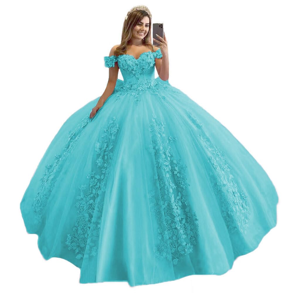 XYAYE Women's Off Shoulder Quinceanera Dresses 3D Flower Puffy Lace Beaded Ball Gown Prom Dress for Sweet 15 16 XY069