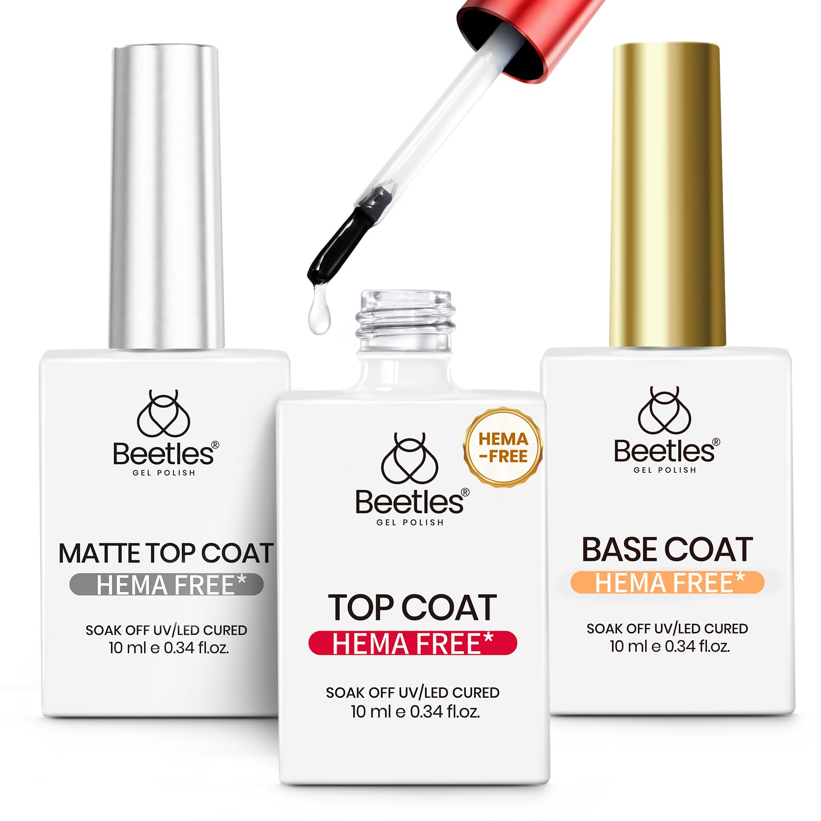 Beetles Gel Base and Top Coat with Matte Top Coat Set, Hema Free 3Pcs for Gel Nail Polish Soak Off UV LED Long Lasting Glossy & Matte Finish Nail Art Essentials