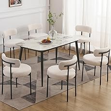 Sweetcrispy Dining Chairs Set of 6, Boucle Upholstered Modern Mid Century Round Kitchen Chairs with Curved Backrest & Metal Legs for Vanity, Living Room - Beige