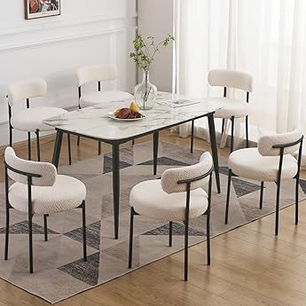 Sweetcrispy Dining Chairs Set of 6, Boucle Upholstered Modern Mid Century Round Kitchen Chairs with Curved Backrest & Metal Legs for Vanity, Living Room - Beige