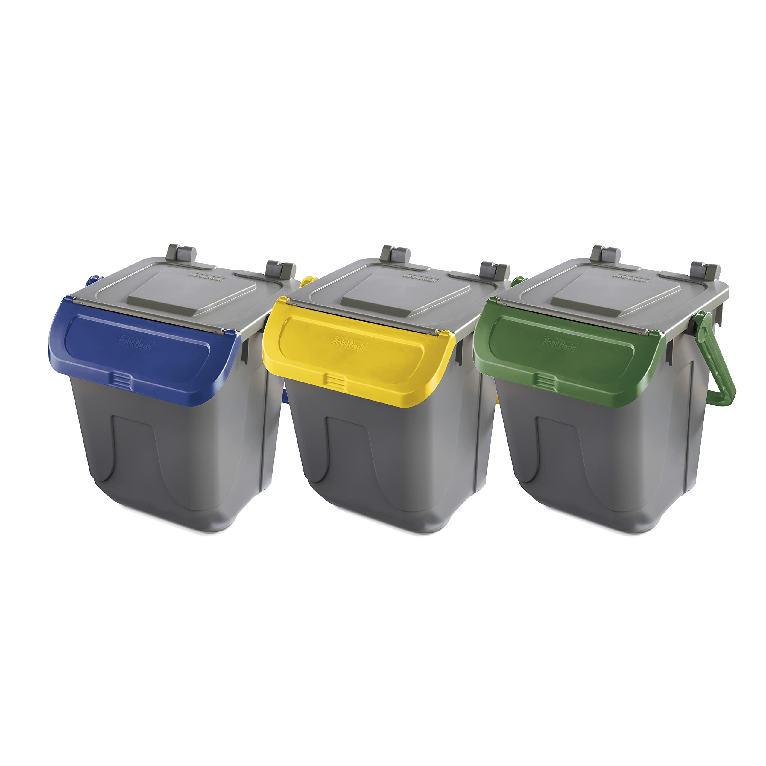 Eplastic Set 3 bidoni porta rifiuti - capacità 25 litri - bicolor con fondo grigio e coperchi con sportelli basculanti colorati per raccolta differenziata (GIALLO - VERDE - BLU)