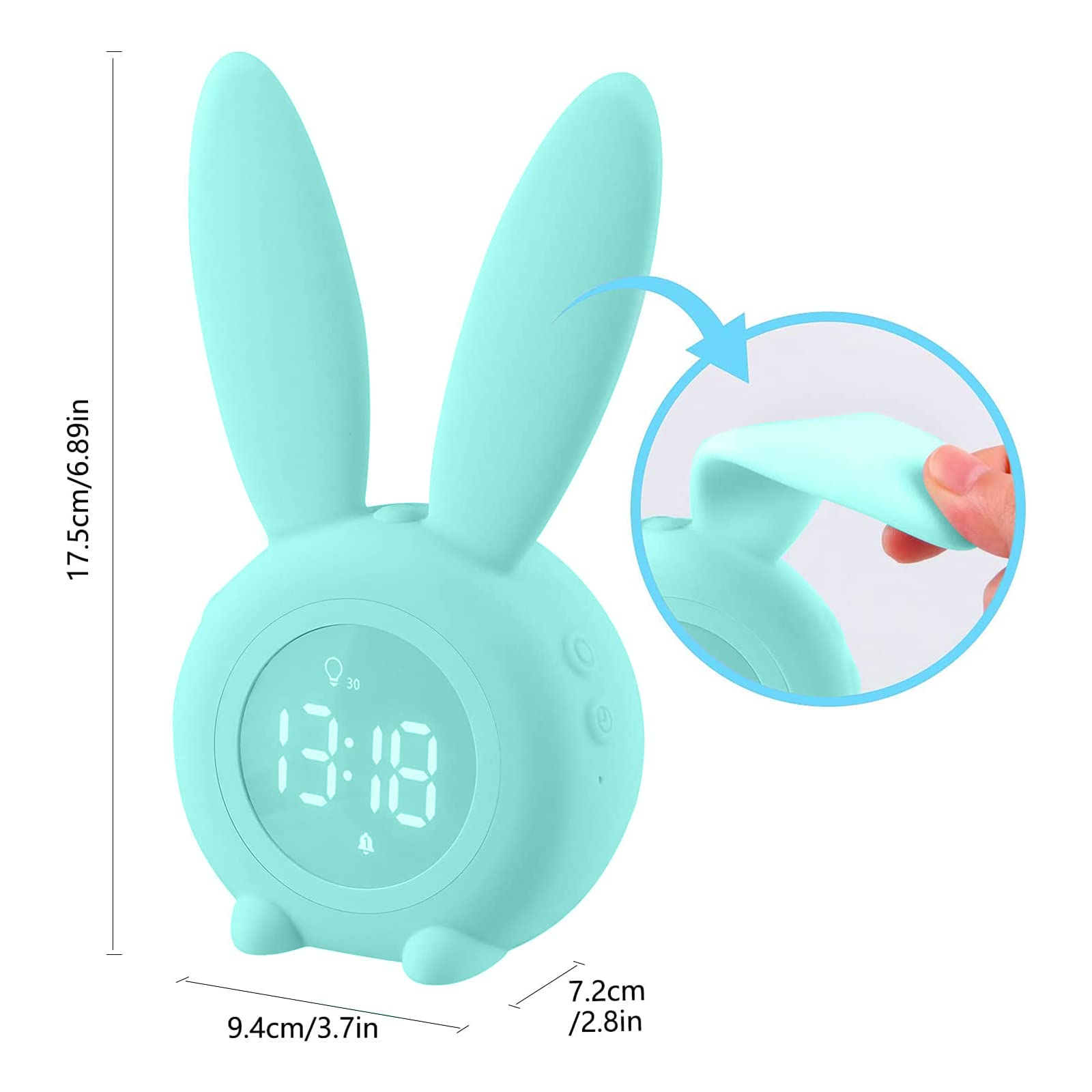wecker kinder, Cute Rabbit Kinderwecker Nachttischlampe-Snooze-Funktion, wecker mit licht Digital, zeitgesteuertes Nachtlicht wecker, Kindertagesgeschenk für Kinder, Jungen, Mädchen - Grün