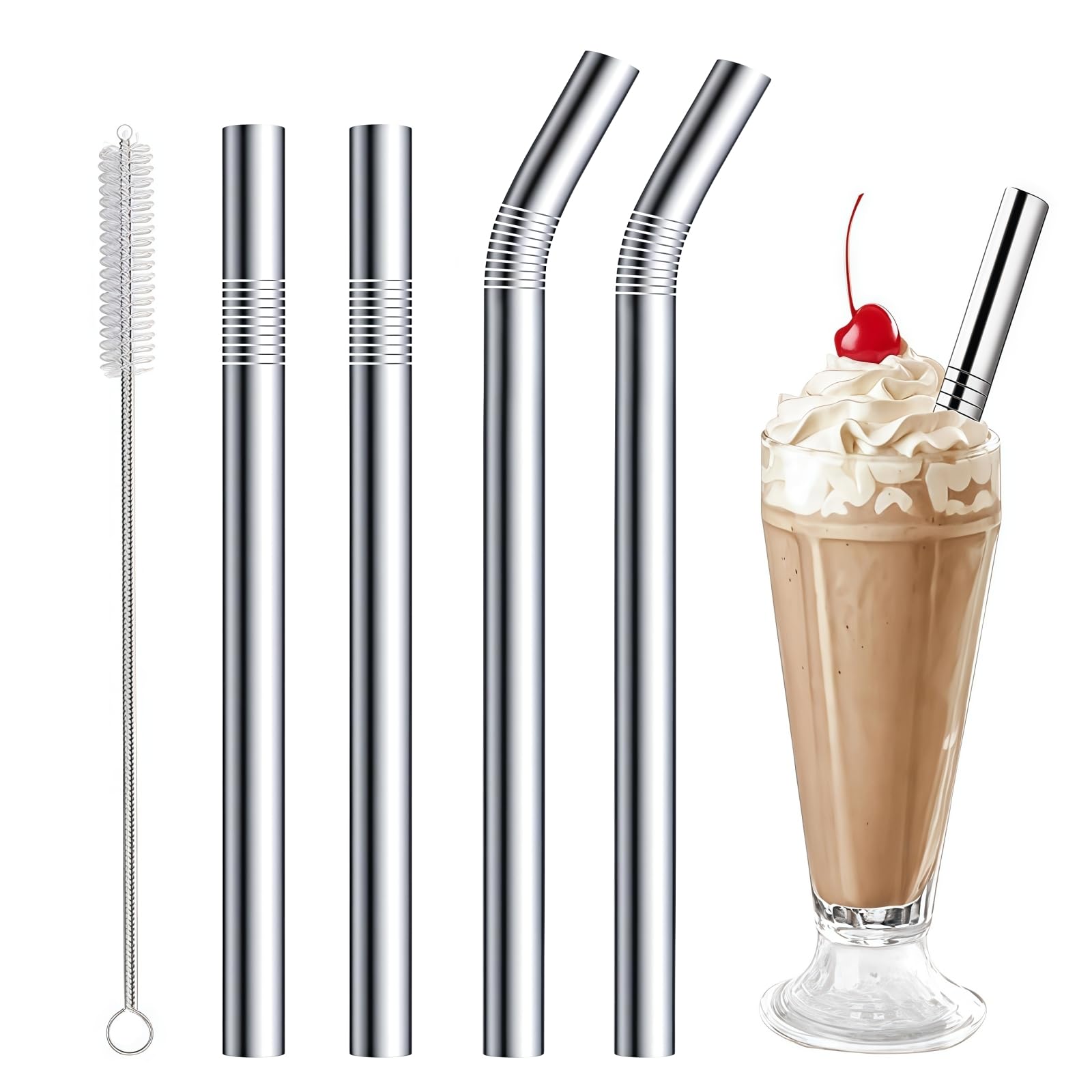 Samheng 4 Pcs Stainless Steel Straws, Wide Milkshake Metal Straws With Cleaning Brush, Reusable Straight & Bent Smoothie Straw For Boba Tea Thick Beverages Juice
