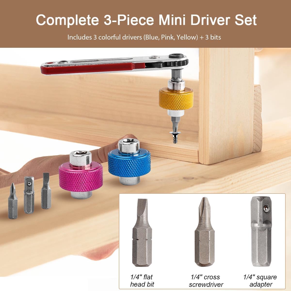 3pcs Mini Finger Grip Driver, Finger Socket Driver Set with 1/4 Inch Hex and Square Socket, Blue/Pink/Yellow