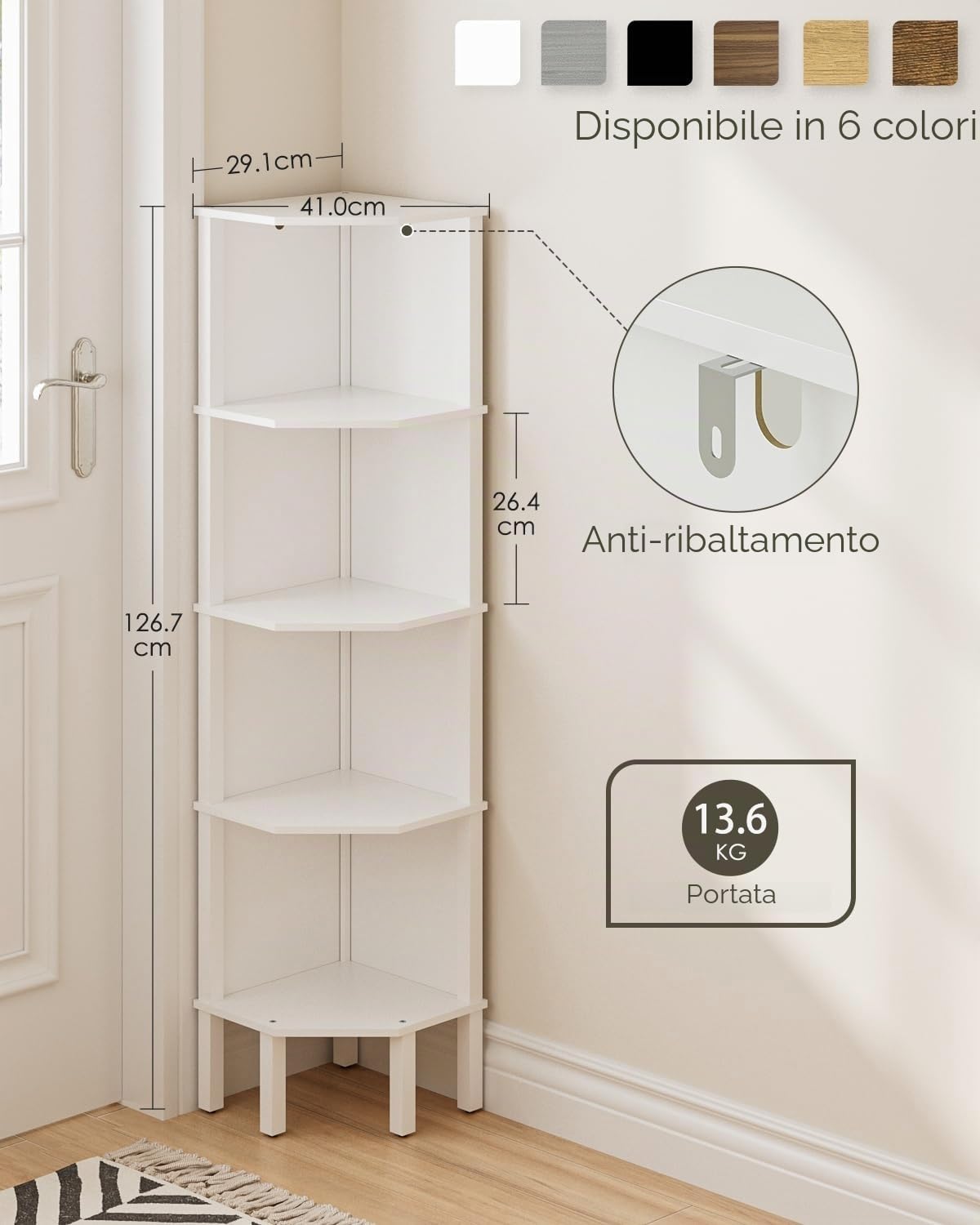 Libreria Angolo con 5 Livelli, Corner Regalo, Piante Regalo, Visualizzazione Aufbewahrungsregal für Wohnzimmer, Ufficio, Camera da letto, 127x29x29cm, Bianco