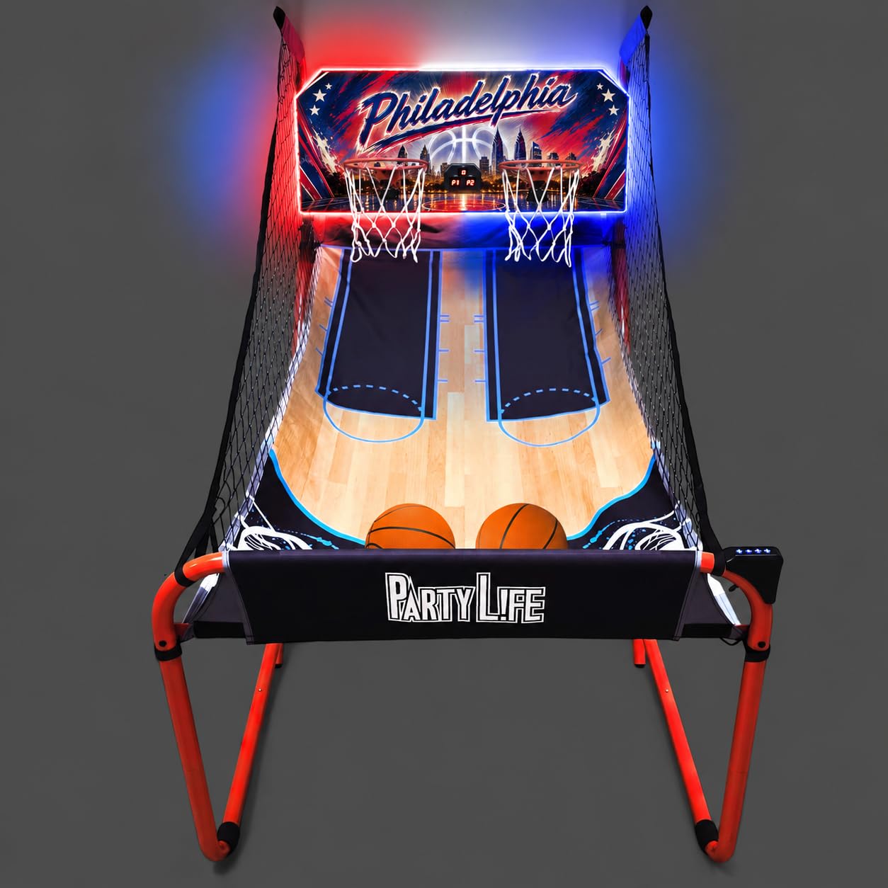 PartyLife 2-Player Basketball Arcade Game w/LED Lights | Electronic Scoring | 5 Balls, 1 Pump, 8 Games | Folding Design | Heavy-Duty Steel Frame